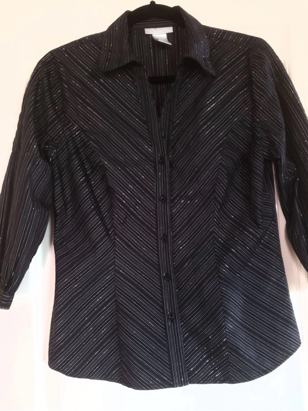 Worthington Career Black With Silver Metallic Stripe Button-Down V Neck Blouse L